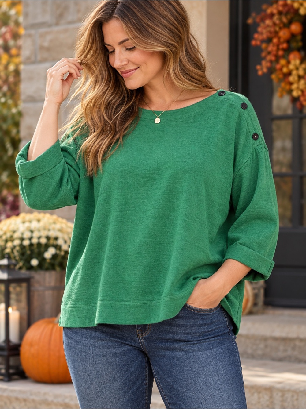 J.Jill Green Textured Cotton Blend Button Shoulder Top Plus Size 2X